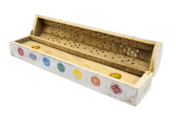 Boite en bois blanche à encens, 7 Chakras 30cm