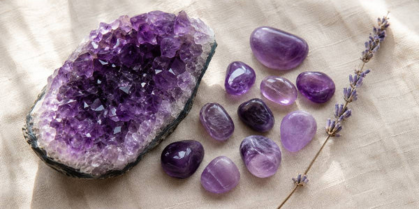 améthyste violette et géode d'améthyste sur tissu naturel, pierre de sérénité et d'intuition en lithothérapie