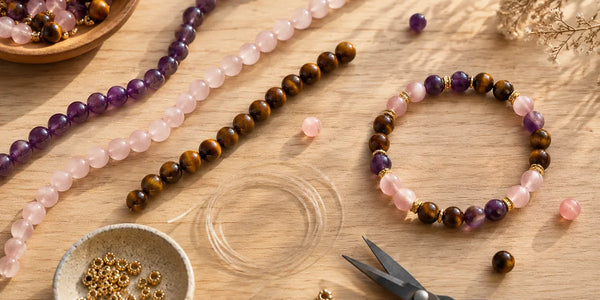 créer son bracelet en pierres naturelles DIY lithothérapie fils de perles matériel sur fond bois