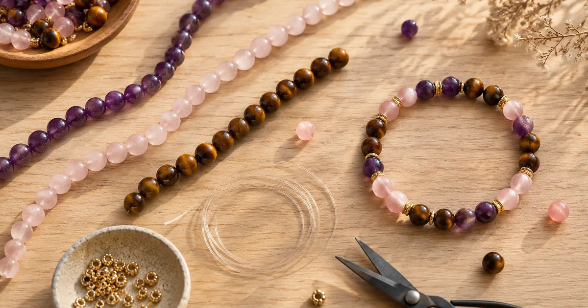 créer son bracelet en pierres naturelles DIY lithothérapie fils de perles matériel sur fond bois