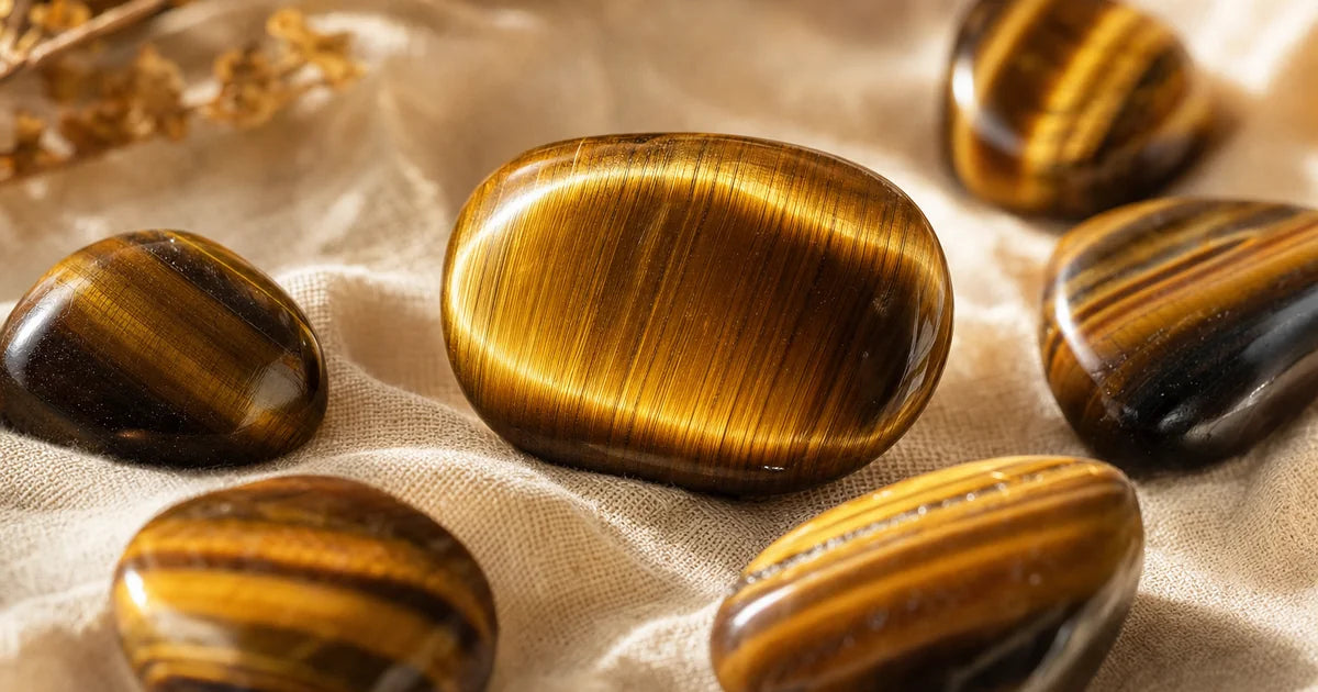 Pierres oeil de tigre dorées chatoyantes sur lin crème, lithothérapie confiance et courage