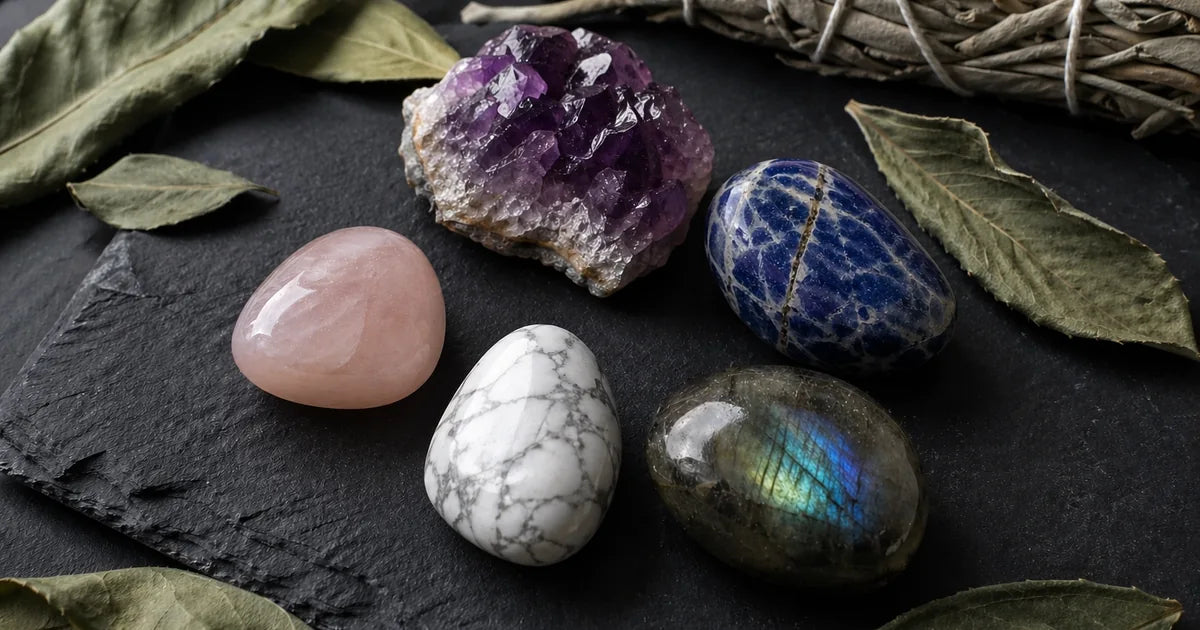 sélection de pierres anti-stress en lithothérapie améthyste sodalite quartz rose labradorite howlite sur ardoise zen