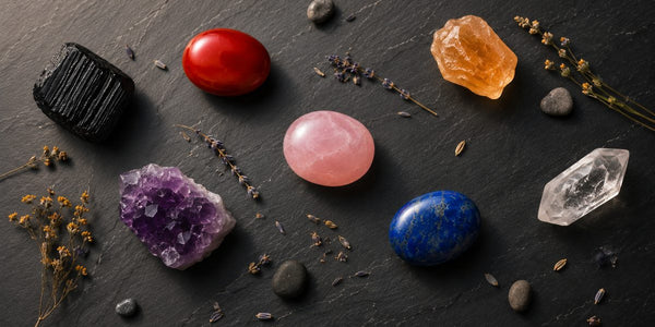 Les 7 chakras et leurs pierres en lithothérapie : collection complète disposées sur ardoise