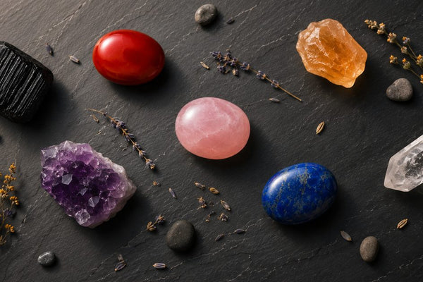 Les 7 chakras et leurs pierres en lithothérapie : collection complète disposées sur ardoise