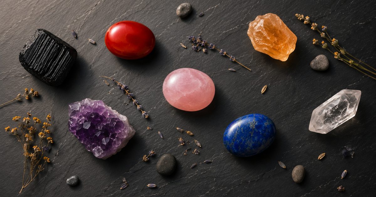 Les 7 chakras et leurs pierres en lithothérapie : collection complète disposées sur ardoise