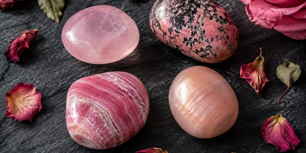 pierre rose lithothérapie quartz rose rhodonite rhodochrosite pierre de lune sélection flat lay ardoise