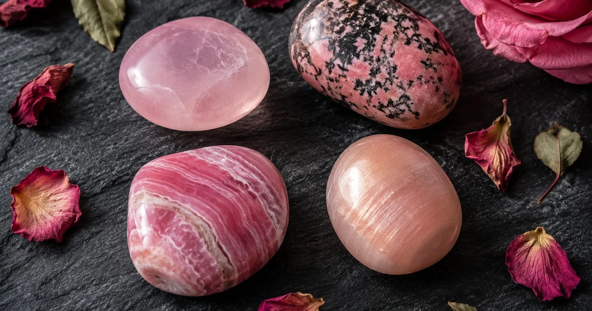 pierre rose lithothérapie quartz rose rhodonite rhodochrosite pierre de lune sélection flat lay ardoise