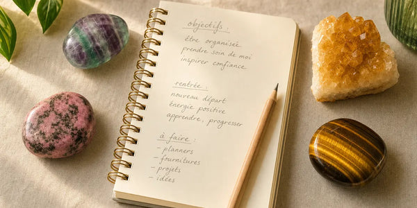 quatre pierres de lithothérapie pour la rentrée autour d'un carnet et d'un crayon : fluorite, rhodonite, citrine, oeil de tigre