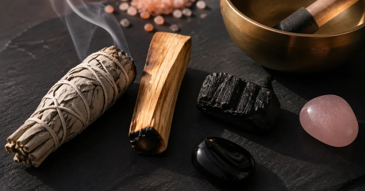 purification et rechargement de pierres naturelles lithothérapie sauge blanche bol tibétain sur ardoise