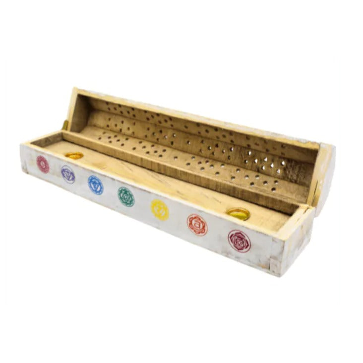 Boite en bois blanche à encens, 7 Chakras 30cm