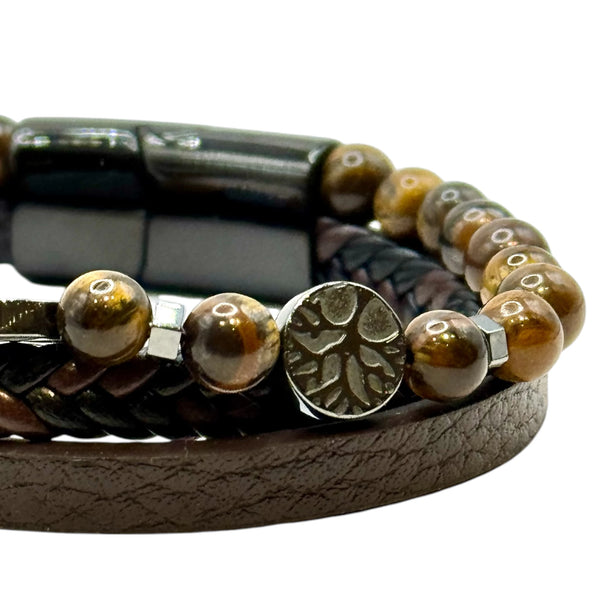 Bracelet Cuir, Oeil de Tigre et Arbre de Vie