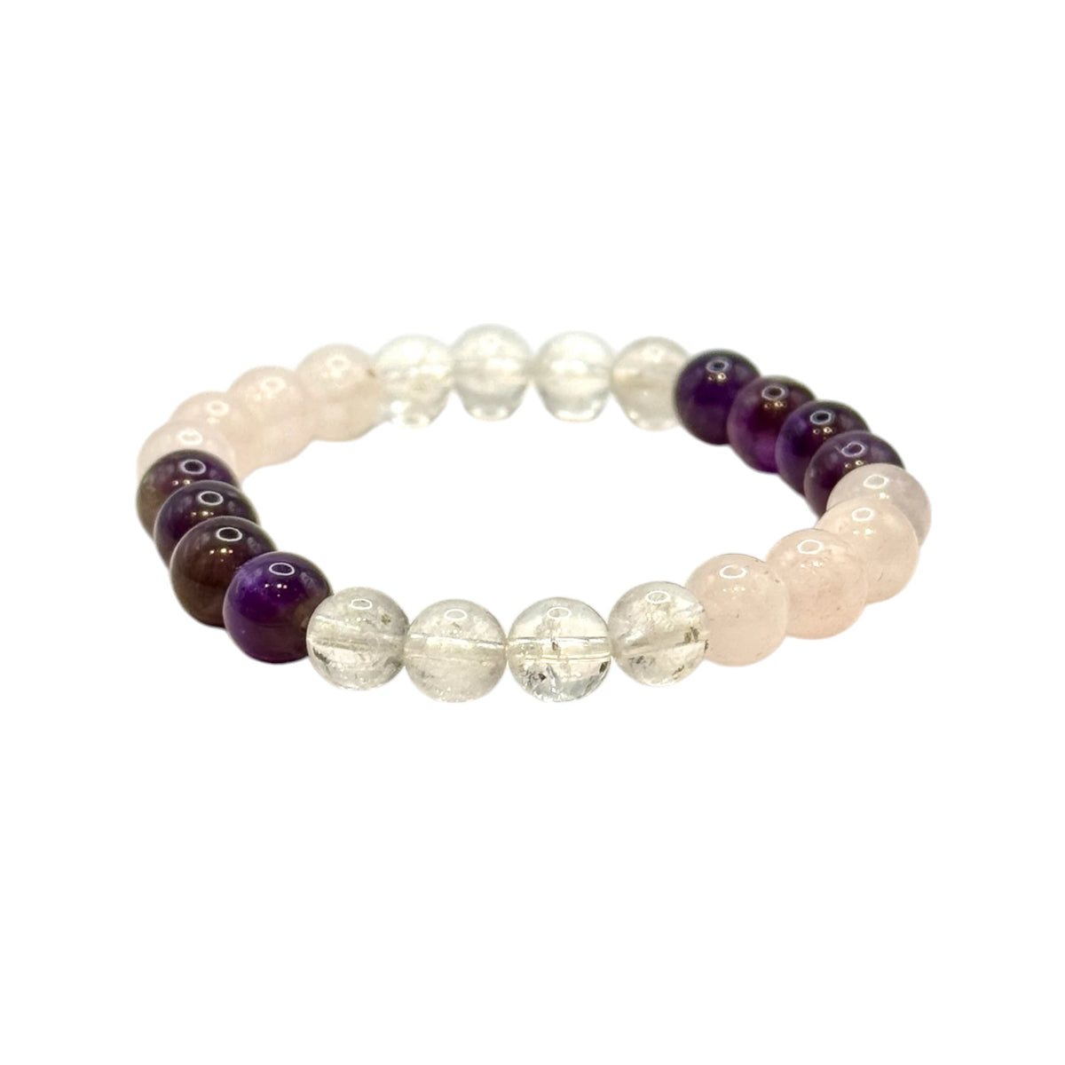 Bracelet "Triangle d'Or" en Quartz Rose, Améthyste et Cristal de Roche Perles Rondes - Lot de 4