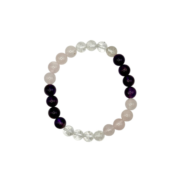 Bracelet "Triangle d'Or" en Quartz Rose, Améthyste et Cristal de Roche Perles Rondes - Lot de 4