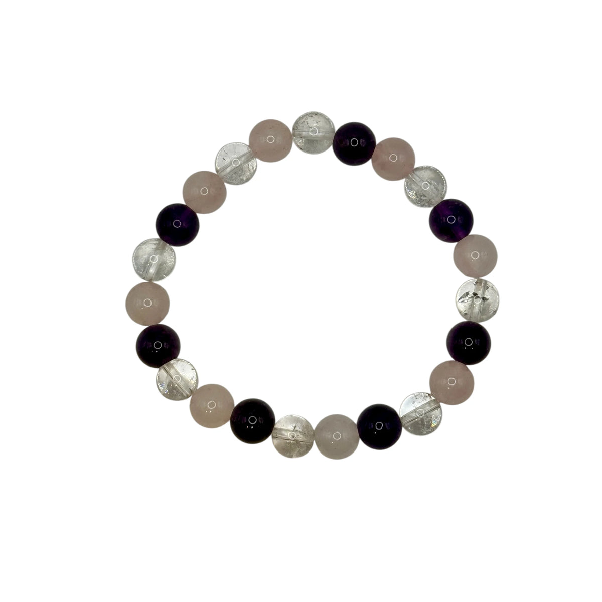 Bracelet "Triangle d'Or" en Quartz Rose, Améthyste et Cristal de Roche Perles Rondes