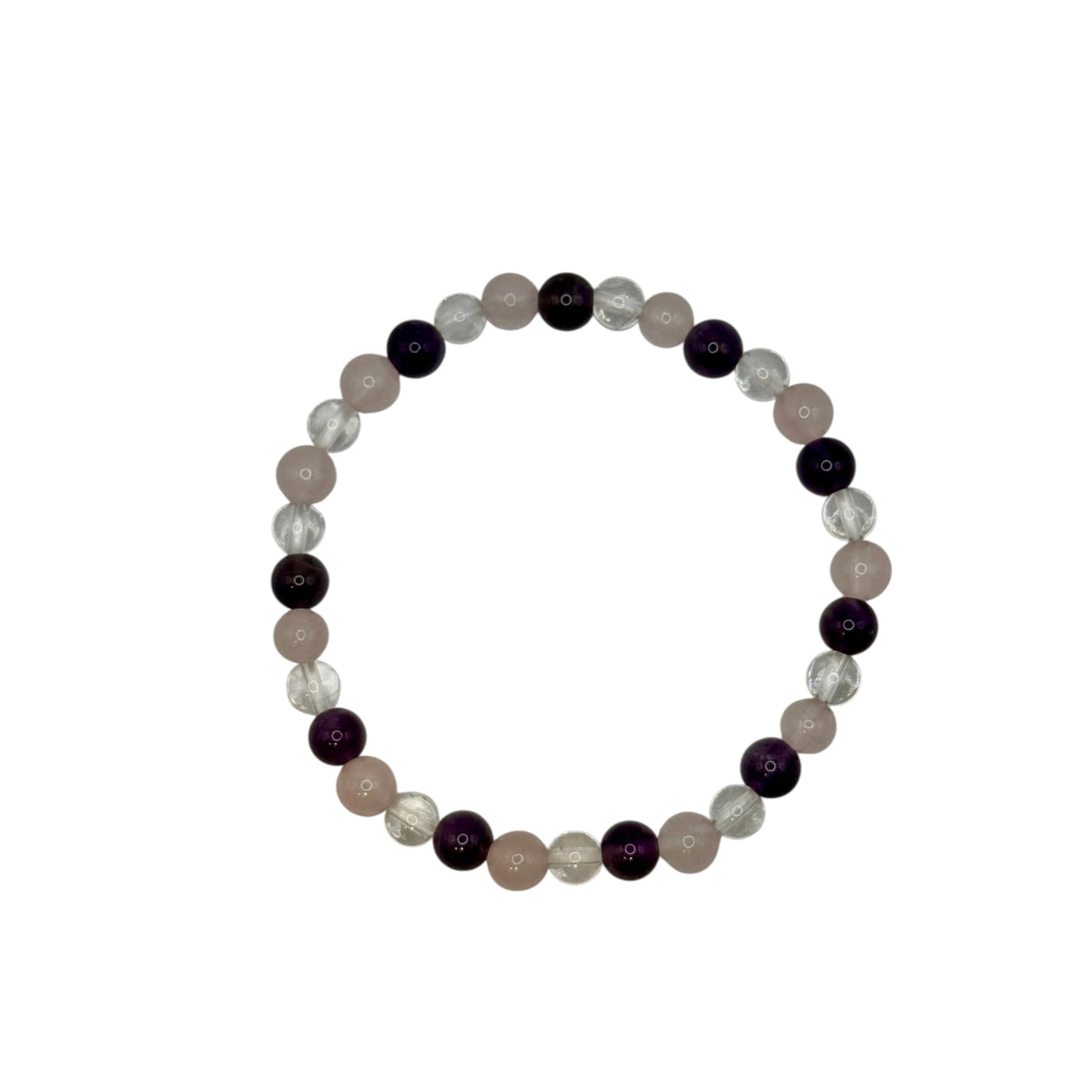 Bracelet "Triangle d'Or" en Quartz Rose, Améthyste et Cristal de Roche Perles Rondes