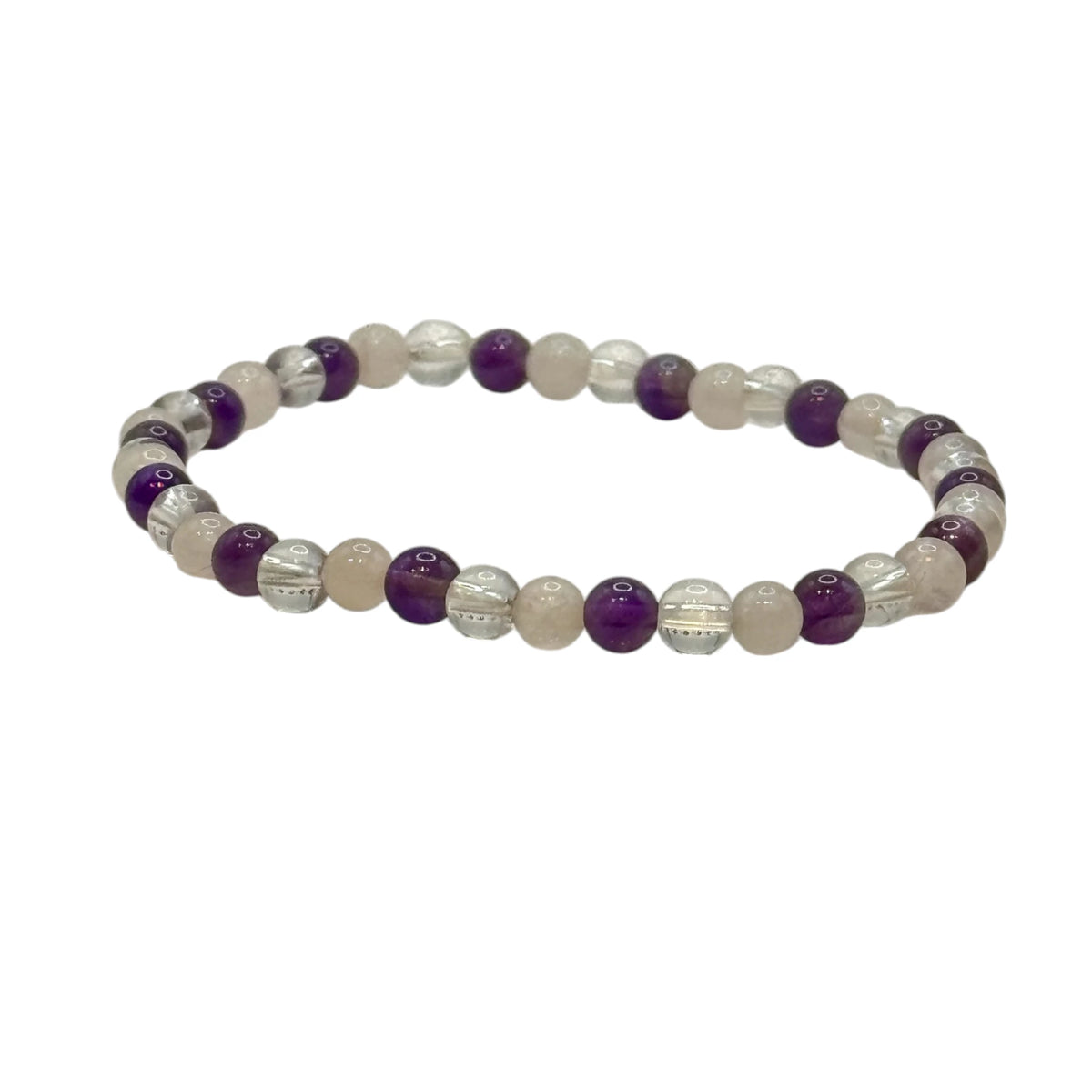 Bracelet "Triangle d'Or" en Quartz Rose, Améthyste et Cristal de Roche Perles Rondes