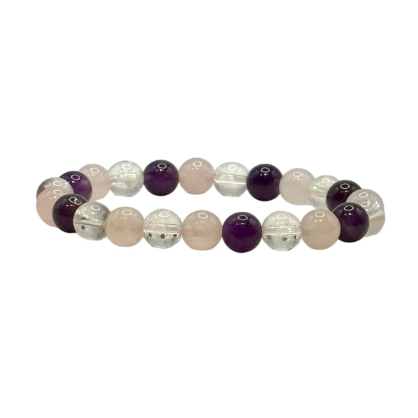 Bracelet "Triangle d'Or" en Quartz Rose, Améthyste et Cristal de Roche Perles Rondes