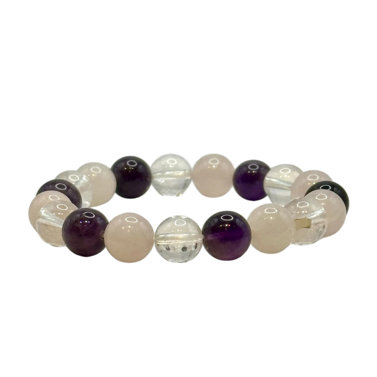 Bracelet "Triangle d'Or" en Quartz Rose, Améthyste et Cristal de Roche Perles Rondes