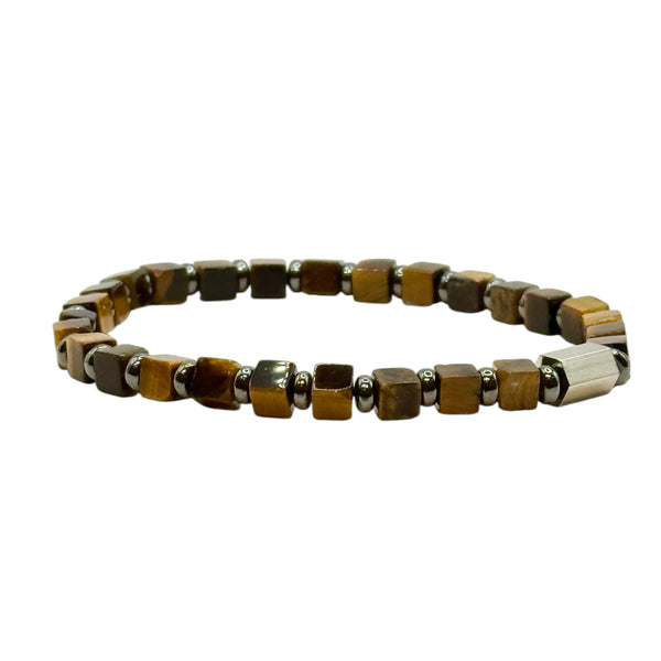 Bracelet Œil de Tigre perles carrées, Hématite