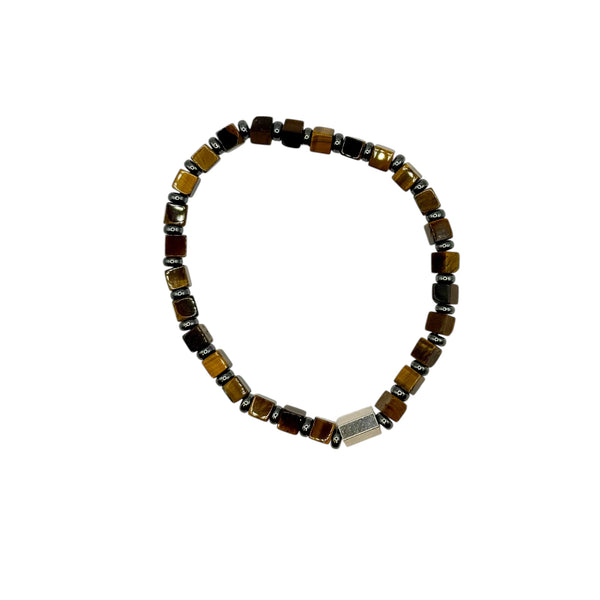 Bracelet Œil de Tigre perles carrées, Hématite