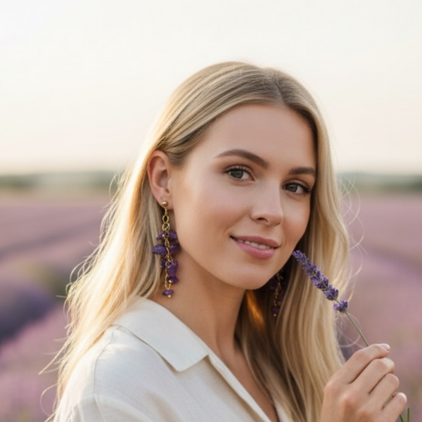 Boucles d'oreilles dorée Améthyste et acier inoxydable