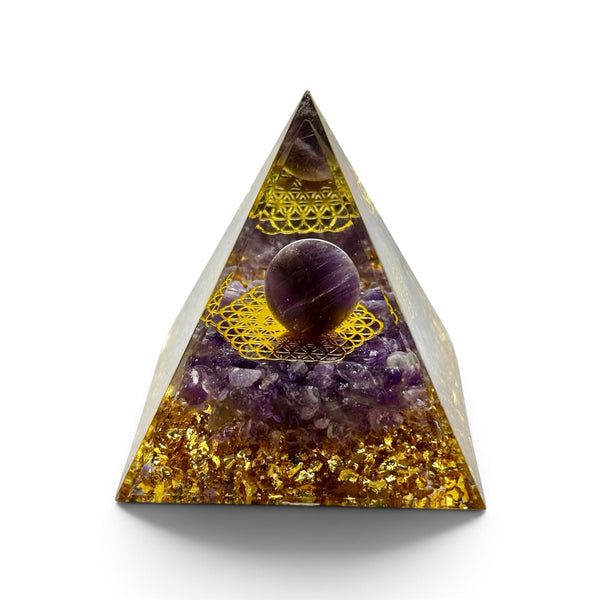 Pyramide Orgonite Obsidienne, sphère bleue er étoile 60*60mm