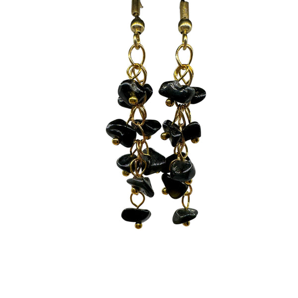 Boucles d'oreilles dorée Obsidienne Noire et acier inoxydable