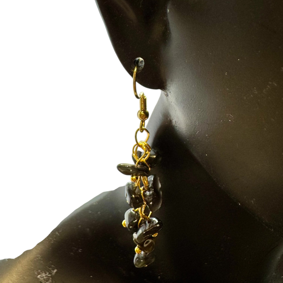 Boucles d'oreilles dorée Obsidienne Noire et acier inoxydable