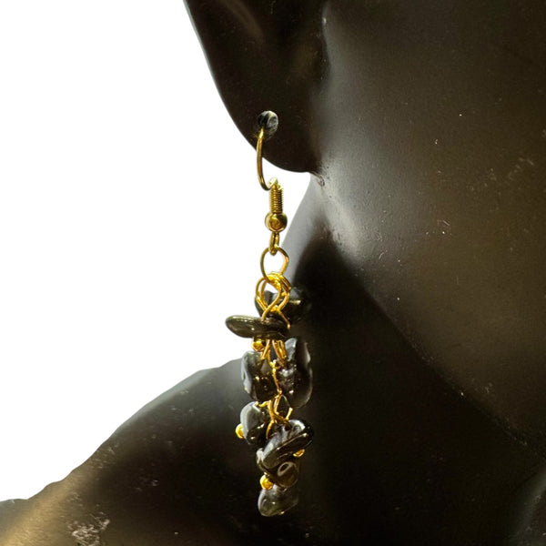 Boucles d'oreilles dorée Obsidienne Noire et acier inoxydable