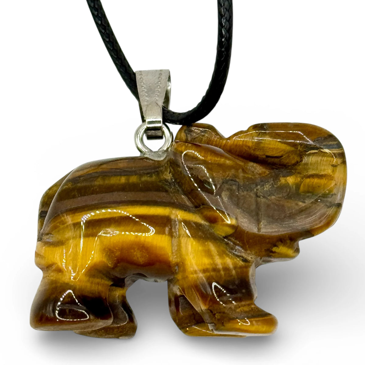 Pendentif éléphant, 44x32mm, Œil de Tigre avec cordon réglable