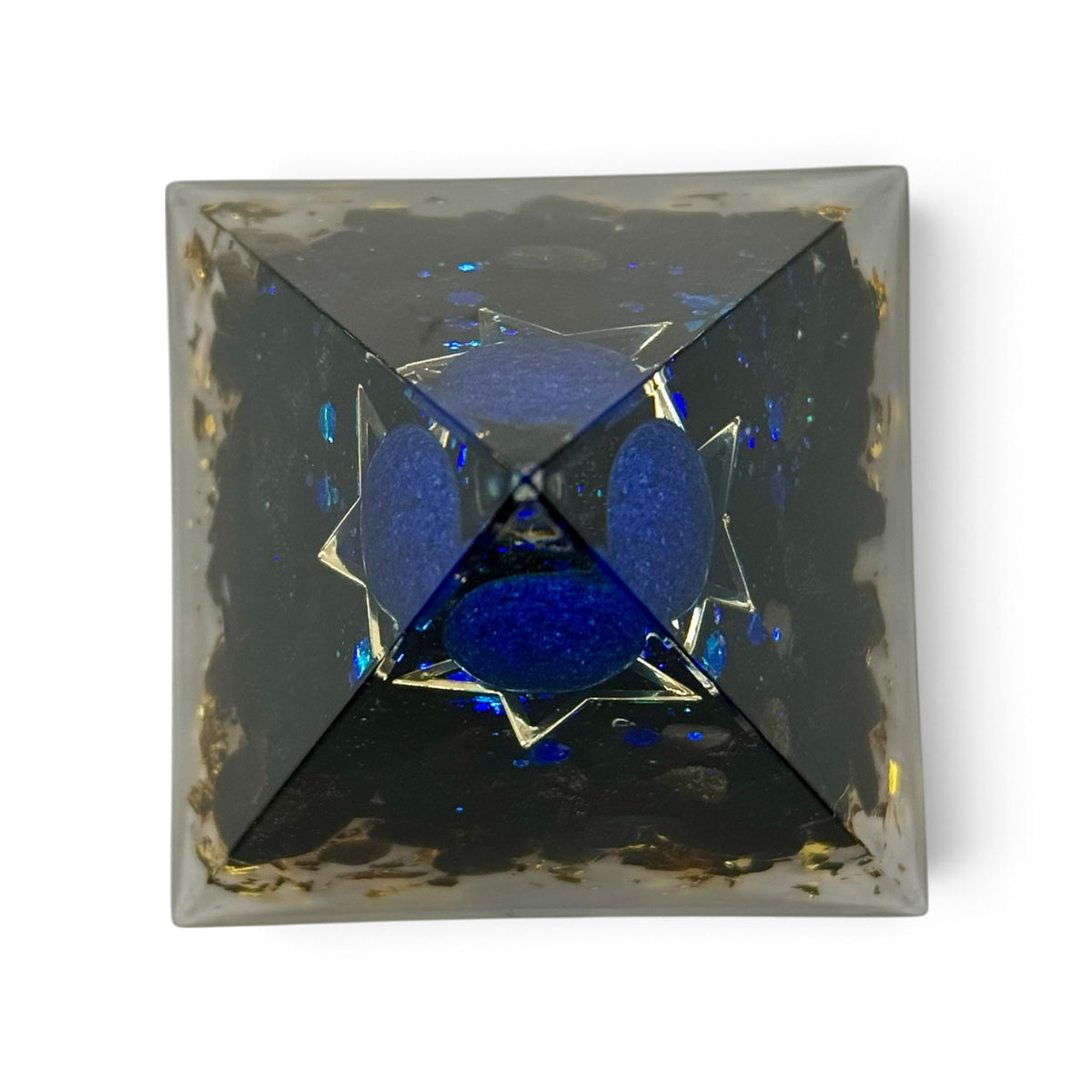 Pyramide Orgonite Obsidienne, Sphère bleue et Etoile 60*60mm