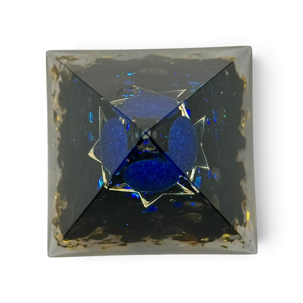 Pyramide Orgonite Obsidienne, Sphère bleue et Etoile 60*60mm