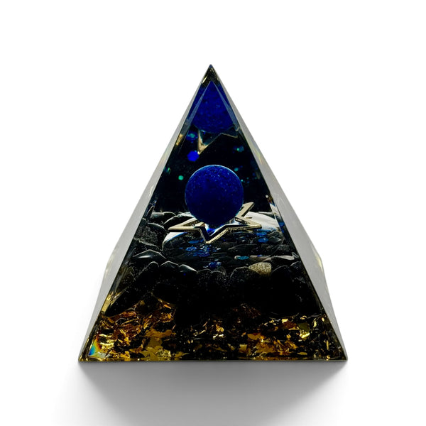 Pyramide Orgonite Obsidienne, Sphère bleue et Etoile 60*60mm