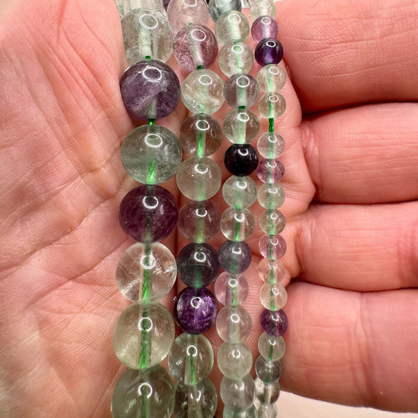 Fluorite Multicolore Fil de Perles Naturelle 6-8-10mm, env 39cm