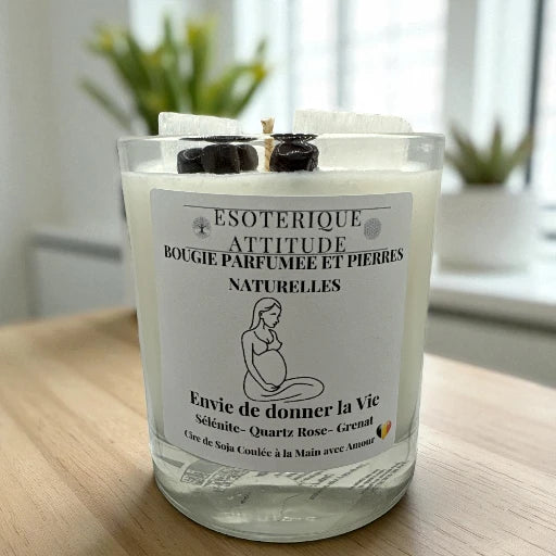 Bougie Artisanale parfumée Envie de donner la Vie,  Sélénite-Quartz Rose-Grenat et Pendentif en Argent 925