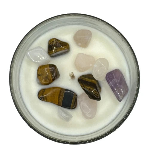 Bougie Artisanale parfumée Amour et Séduction,  Améthyste-Quartz Rose-Œil de Tigre et Pendentif en Argent 925