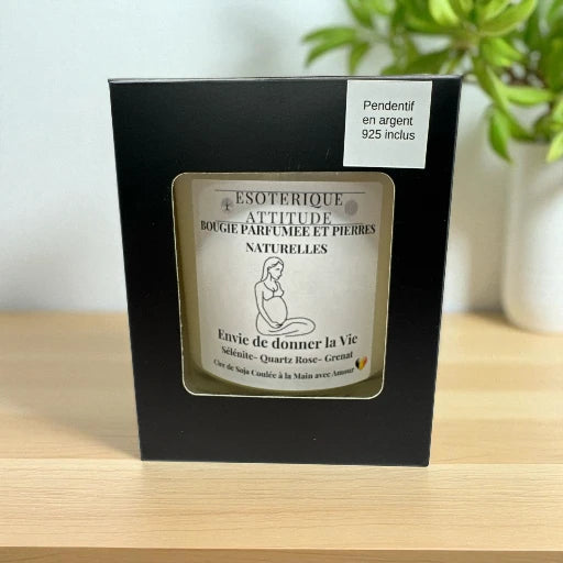 Bougie Artisanale parfumée Envie de donner la Vie,  Sélénite-Quartz Rose-Grenat et Pendentif en Argent 925
