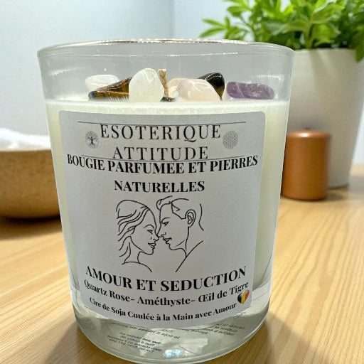 Bougie Artisanale parfumée Amour et Séduction,  Améthyste-Quartz Rose-Œil de Tigre et Pendentif en Argent 925