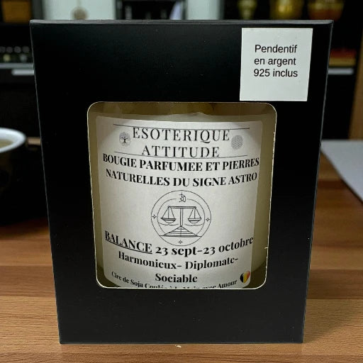 Bougie Artisanale parfumée signe astro Balance et Pendentif en Argent 925