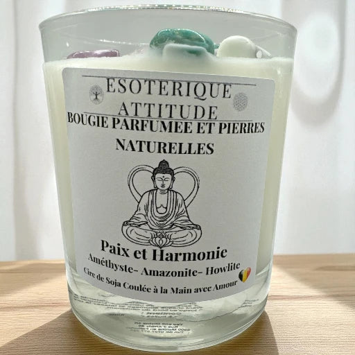 Bougie Artisanale parfumée Paix-Harmonie, Améthyste- Amazonite- Howlite et Pendentif en  Argent 925