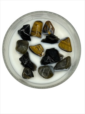 Bougie Artisanale parfumée Purification-Protection, Obsidienne- Labradorite- Œil de Tigre et Pendentif en  Argent 925