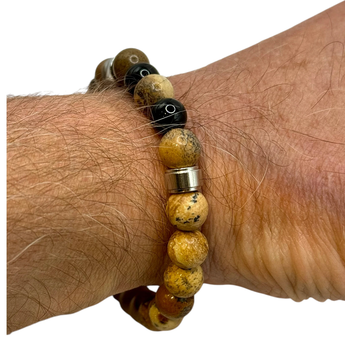 Bracelet "Ancrage & Maîtrise" en Jaspe Paysage et Onyx Perles Rondes