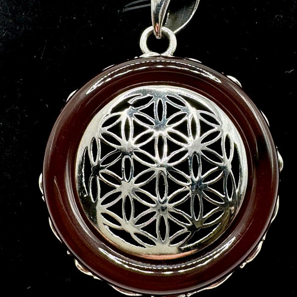 Pendentif Fleur de Vie 37mm argent 925 et Cornaline