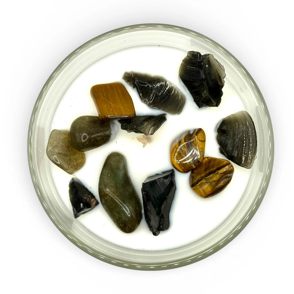 Bougie Artisanale parfumée Protection, Obsidienne- Labradorite- Œil de Tigre et Pendentif en  Argent 925
