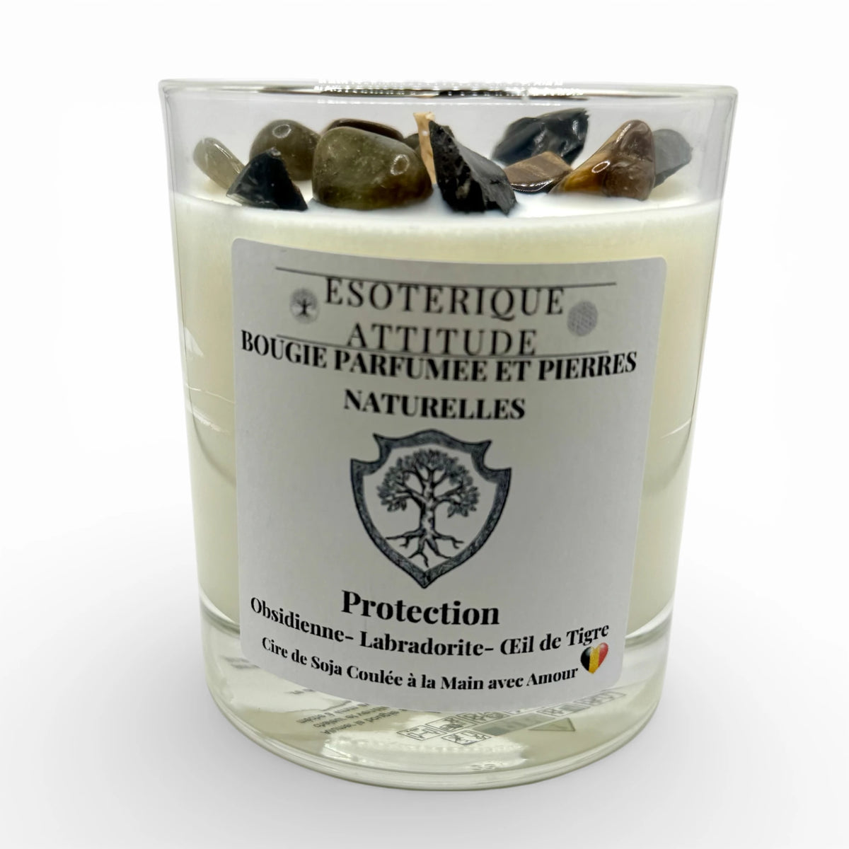 Bougie Artisanale parfumée Protection, Obsidienne- Labradorite- Œil de Tigre et Pendentif en  Argent 925