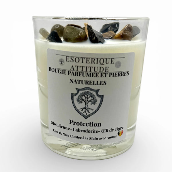 Bougie Artisanale parfumée Protection, Obsidienne- Labradorite- Œil de Tigre et Pendentif en  Argent 925
