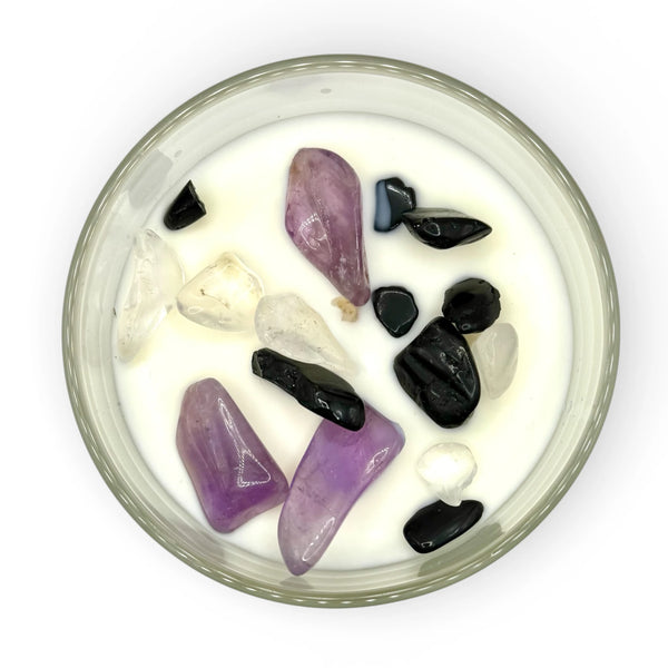 Bougie Artisanale parfumée Purification d'Espace, Tourmaline, Cristal de Roche, Améthyste et Pendentif en  Argent 925