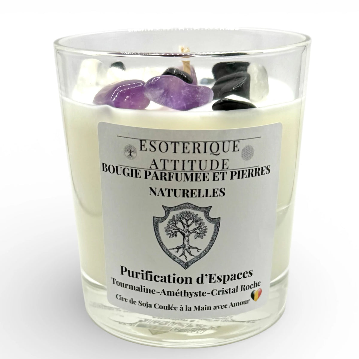Bougie Artisanale parfumée Purification d'Espace, Tourmaline, Cristal de Roche, Améthyste et Pendentif en  Argent 925