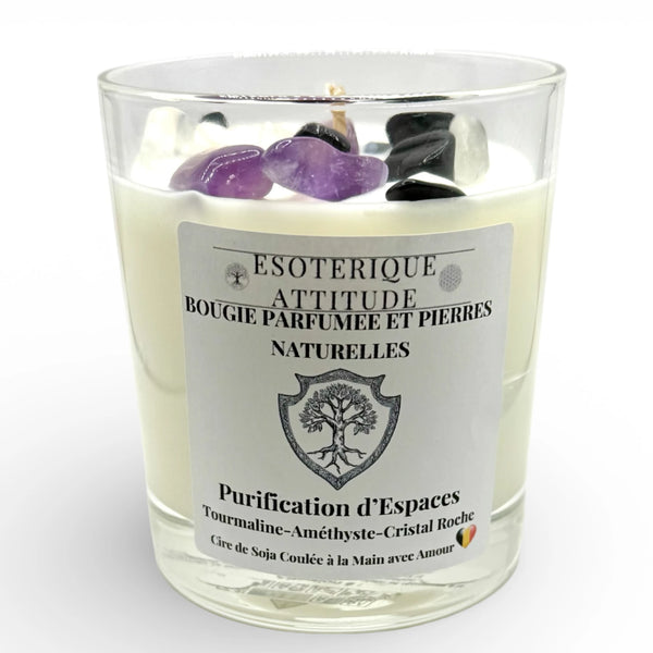 Bougie Artisanale parfumée Purification d'Espace, Tourmaline, Cristal de Roche, Améthyste et Pendentif en  Argent 925