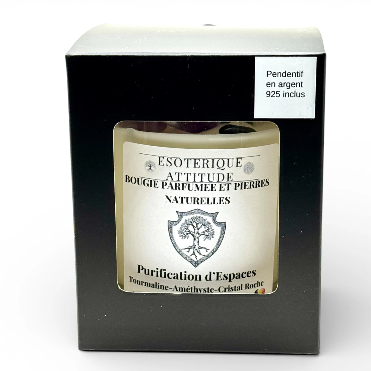 Bougie Artisanale parfumée Purification d'Espace, Tourmaline, Cristal de Roche, Améthyste et Pendentif en  Argent 925